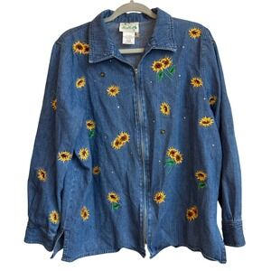 90s Quacker Factory Sunflower Embroidered Denim Jacket Women's M Blue Zip-up